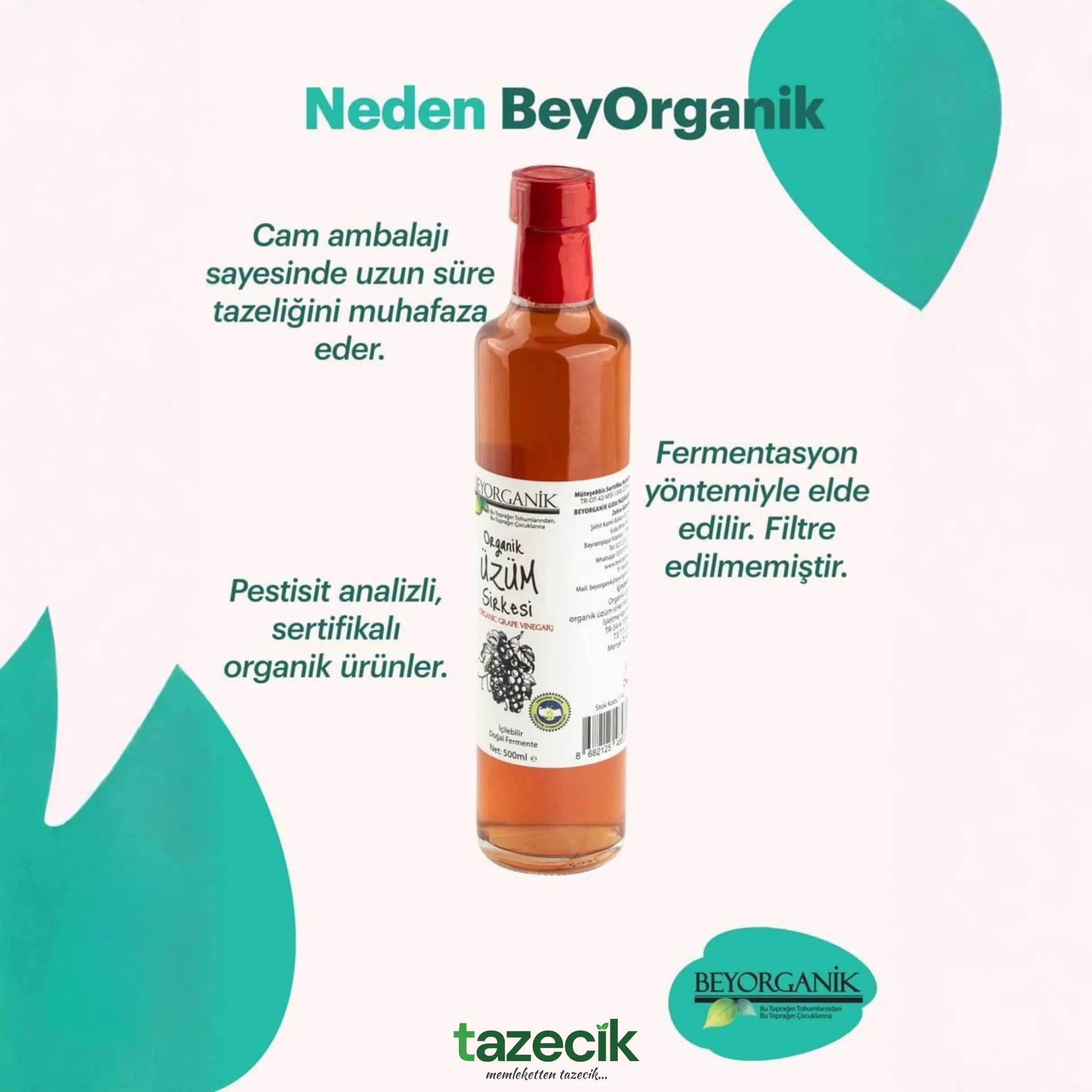 Organik Üzüm Sirkesi- BeyOrganik 500ml Tazecik